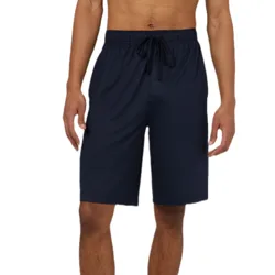Men's navy blue drawstring shorts, knee-length, made of lightweight fabric.