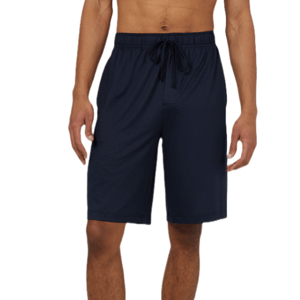 Men's navy blue drawstring shorts, knee-length, made of lightweight fabric.