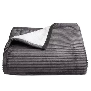 A gray, ribbed plush blanket with a white, soft sherpa lining.