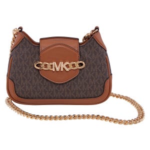 A small brown Michael Kors crossbody bag with a chain strap and logo plaque, featuring light brown leather accents and a monogrammed fabric design.