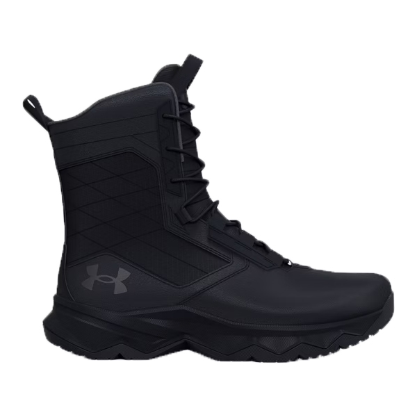Black tactical boot with a high-ankle design, lace-up closure, and rugged sole for durability. Features the Under Armour logo on the side.