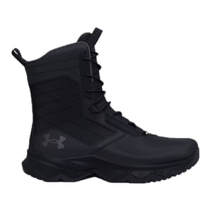 Black tactical boot with a high-ankle design, lace-up closure, and rugged sole for durability. Features the Under Armour logo on the side.