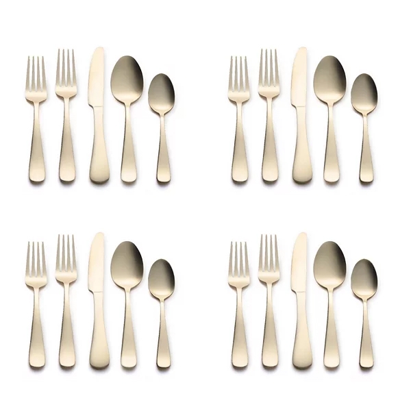 Four sets of gold-toned flatware, each consisting of a fork, knife, tablespoon, and teaspoon, are displayed in a grid.