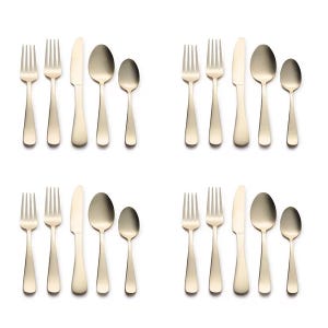 Four sets of gold-toned flatware, each consisting of a fork, knife, tablespoon, and teaspoon, are displayed in a grid.