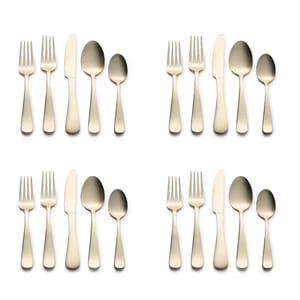 Four sets of gold-toned flatware, each consisting of a fork, knife, tablespoon, and teaspoon, are displayed in a grid.