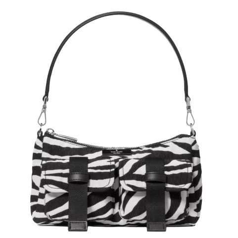 A zebra-patterned handbag with two front pockets and a detachable black strap.