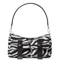 A zebra-patterned handbag with two front pockets and a detachable black strap.