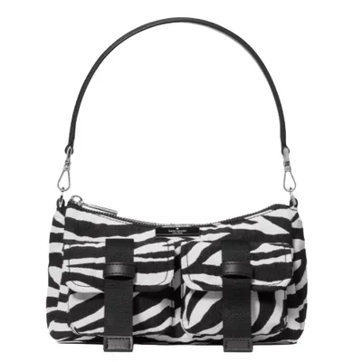 A zebra-patterned handbag with two front pockets and a detachable black strap.