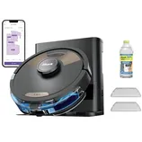 Shark AI robot vacuum and mop system with a docking station, cleaning solution bottle, two replacement pads, and a smartphone with a cleaning map display.