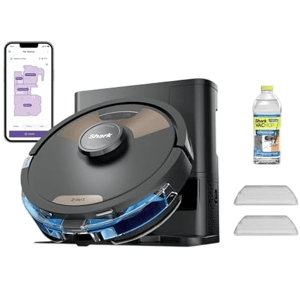 Shark AI robot vacuum and mop system with a docking station, cleaning solution bottle, two replacement pads, and a smartphone with a cleaning map display.