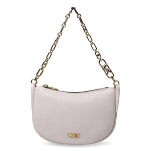 The Michael Kors Kendall Leather Shoulder Bag is a sleek, crescent-shaped bag in a light beige color, featuring a gold chain strap and a small MK logo on the front. It has a zippered closure for security.