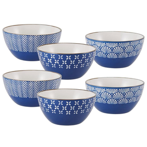 Set of six blue bowls with white geometric patterns, featuring designs like chevrons and fans. Each bowl has a smooth white interior and a distinct blue exterior pattern.