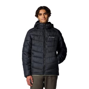 Dark puffer jacket with a hood, featuring the Columbia logo on the chest and a zippered front. The design includes horizontal quilting for insulation and side pockets, offering a sleek and functional look.