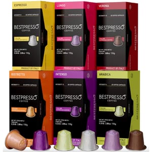 Six boxes of Bestpresso coffee capsules, each containing 20 pods, are displayed in various flavors: Espresso, Lungo, Verona, Ristretto, Intenso, and Arabica. The intensities range from 6 to 12, and they are labeled as Italian espresso coffee.