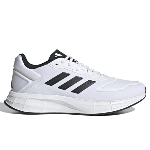 Adidas Duramo 10 Running Shoes are white with black stripes, featuring a lightweight design and cushioned midsole for comfort during runs.