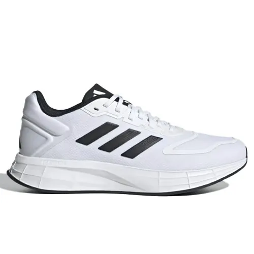 Adidas Duramo 10 Running Shoes are white with black stripes, featuring a lightweight design and cushioned midsole for comfort during runs.