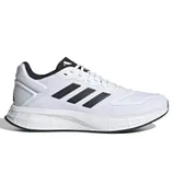 Adidas Duramo 10 Running Shoes are white with black stripes, featuring a lightweight design and cushioned midsole for comfort during runs.