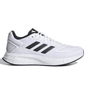Adidas Duramo 10 Running Shoes are white with black stripes, featuring a lightweight design and cushioned midsole for comfort during runs.