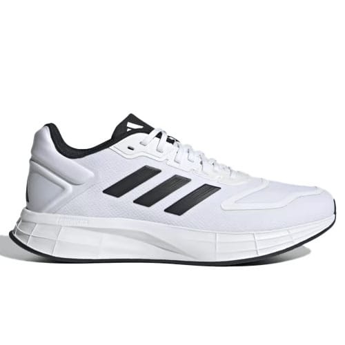 Adidas Duramo 10 Running Shoes are white with black stripes, featuring a lightweight design and cushioned midsole for comfort during runs.