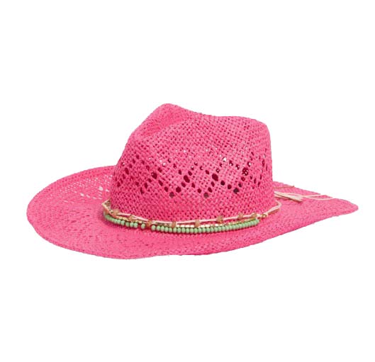 Pink crochet cowboy hat with a decorative beaded band.