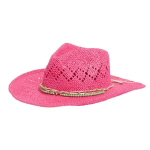 Pink crochet cowboy hat with a decorative beaded band.