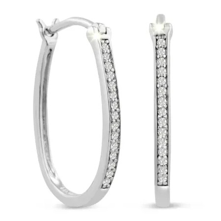 Elegant hoop earrings feature a slim, elongated design, each adorned with a row of sparkling diamonds, totaling 1/4 carat. The earrings are set in a polished, silvery metal, providing a sleek and sophisticated look.