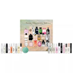 Scent Discovery Set by Macy's features a variety of fragrances for men and women, including 20 different sample-sized perfumes displayed alongside a decorative box.