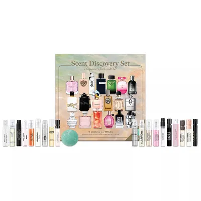 Scent Discovery Set by Macy's features a variety of fragrances for men and women, including 20 different sample-sized perfumes displayed alongside a decorative box.