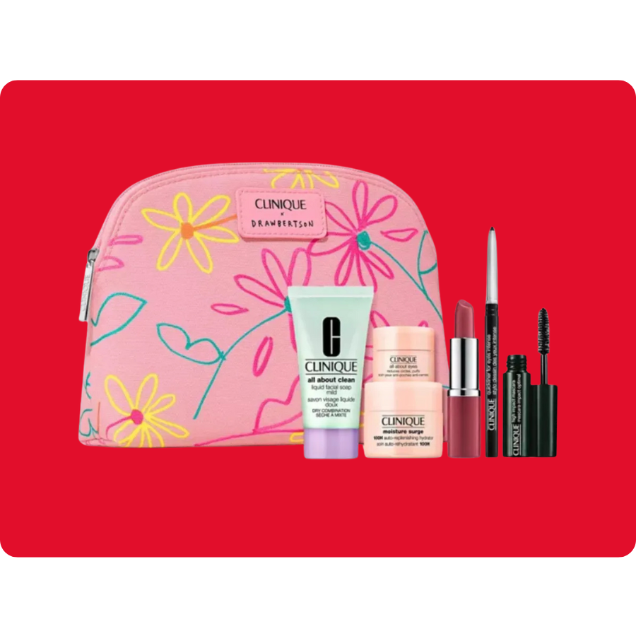 Clinique cosmetic set includes a floral-themed bag, liquid facial soap, moisture surge, lipstick, eyeliner, and mascara, all in travel sizes.