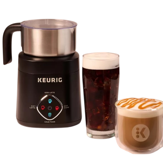 Keurig milk frother with two drinks: an iced coffee with foam and a caramel-topped latte.
