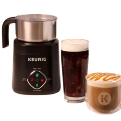Keurig milk frother with two drinks: an iced coffee with foam and a caramel-topped latte.