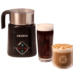 Keurig milk frother with two drinks: an iced coffee with foam and a caramel-topped latte.