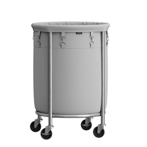 A gray, cylindrical laundry basket on wheels with a metal frame, featuring a fabric exterior and clip fasteners around the top edge.