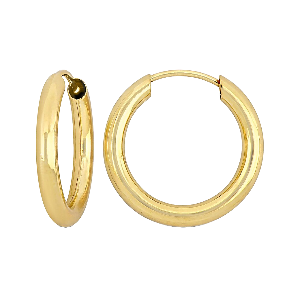 Pair of gold circular hoop earrings with a smooth, polished finish and a secure clasp.