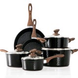 A set of black cookware with wooden handles, including pots with lids and frying pans.