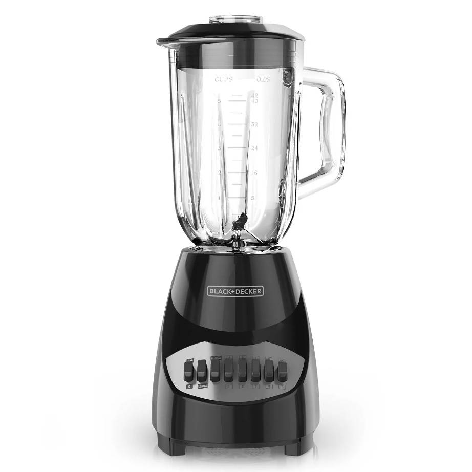 A Black+Decker branded blender with a clear glass jar and a black base with multiple control buttons.