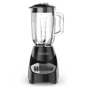 A Black+Decker branded blender with a clear glass jar and a black base with multiple control buttons.