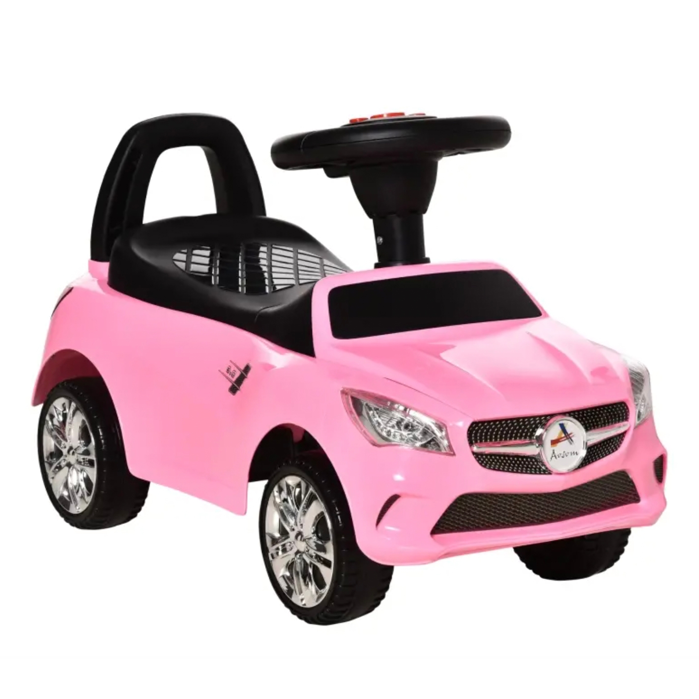 A pink toy ride-on car with a black seat and steering wheel, designed to resemble a modern car, featuring silver rims and a front grille emblem.