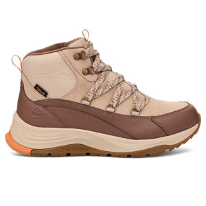 Teva Auroris Boots are mid-height, waterproof with a light brown and beige color scheme, featuring durable laces, metal eyelets, and a Spider Rubber outsole for traction.