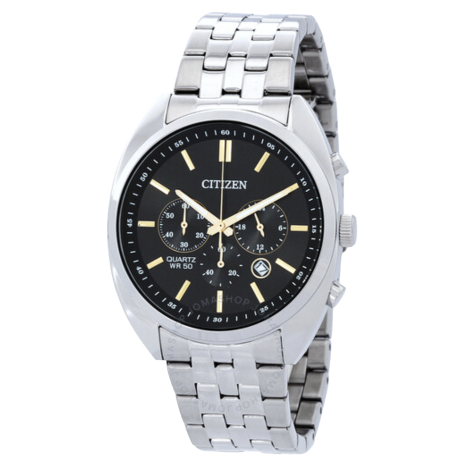 Men's Citizen Chronograph Watch with a black dial, silver-tone stainless steel bracelet, gold-tone hands and markers, featuring three subdials and a date display. Water-resistant up to 50 meters.