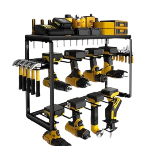Wall-mounted tool organizer holding various power tools, a set of screwdrivers, hammers, and batteries, primarily in yellow and black.