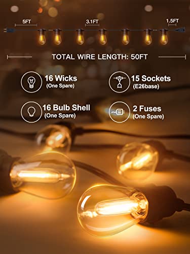 String lights with 15 bulb sockets (E26 base) and a total wire length of 50 feet, featuring 16 bulbs (one spare) and 2 fuses (one spare).