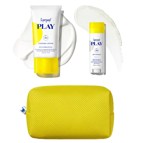 Supergoop! PLAY SPF 50 set includes an Everyday Lotion and a Lip Shield, accompanied by a yellow mesh pouch.