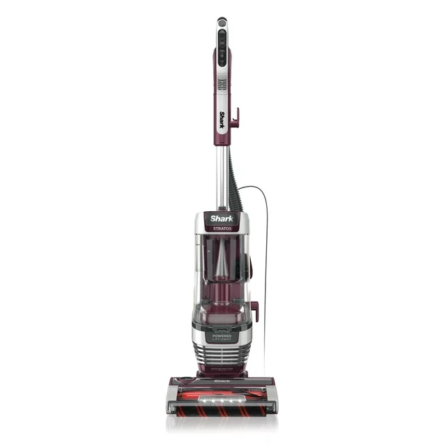 Shark upright vacuum cleaner with a transparent dustbin and a burgundy and black design.