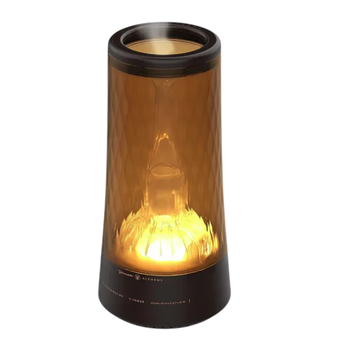 A sleek, amber-colored, cylindrical air purifier or humidifier with a glowing light at the base, featuring a patterned exterior and small control markings on the lower section.