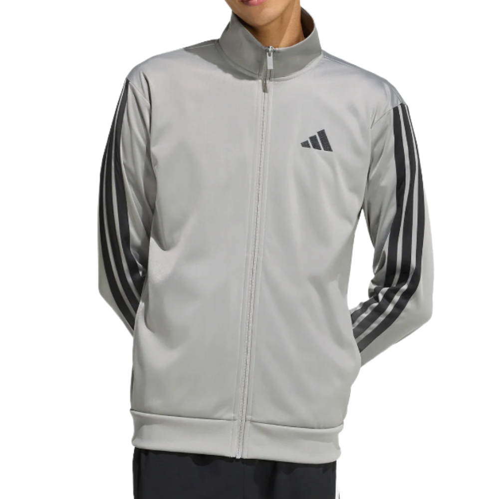 A light gray track jacket with a zip front, featuring black stripes down the sleeves and a logo on the chest.