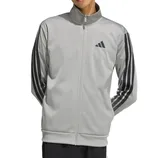 A light gray track jacket with a zip front, featuring black stripes down the sleeves and a logo on the chest.
