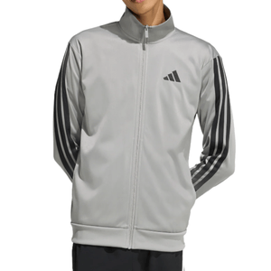 A light gray track jacket with a zip front, featuring black stripes down the sleeves and a logo on the chest.