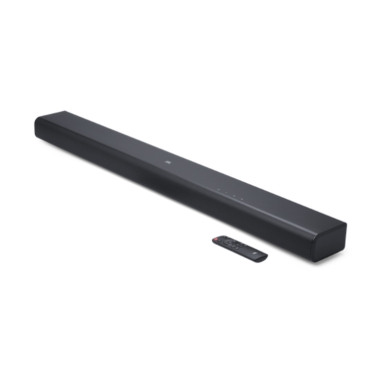 A sleek black soundbar with touch controls and a remote control beside it, suitable for enhancing audio experiences.
