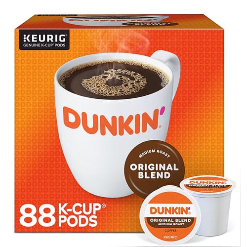 Box of Dunkin' Original Blend Medium Roast coffee pods compatible with Keurig, containing 88 K-Cup pods.
